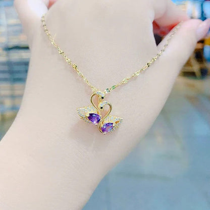 Kalung Angsa Kristal Ungu Gaya Korea - Emas 18K Stainless Steel Anti Kusam - 我的商店