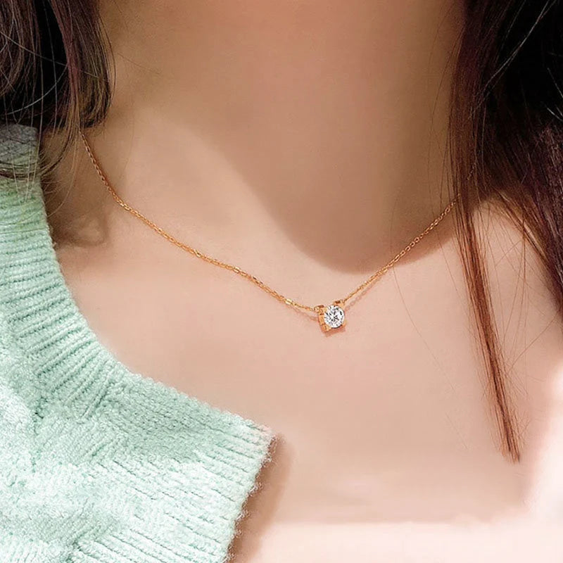 Kalung Berlian Solitaire Gaya Korea - Emas 18K Stainless Steel Anti Kusam, Aksesoris Wanita Mewah - 我的商店