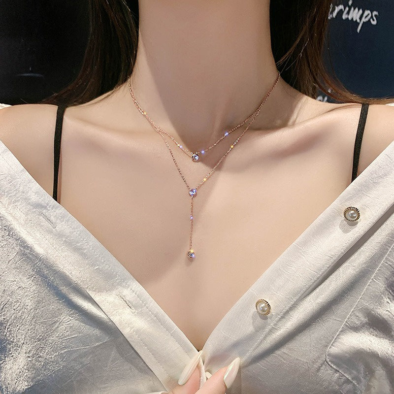 Kalung Emas Double Layer dengan Berlian Tunggal untuk Wanita - Rantai Emas Anti Pudar | Choker Perhiasan Hadiah Elegan - 我的商店