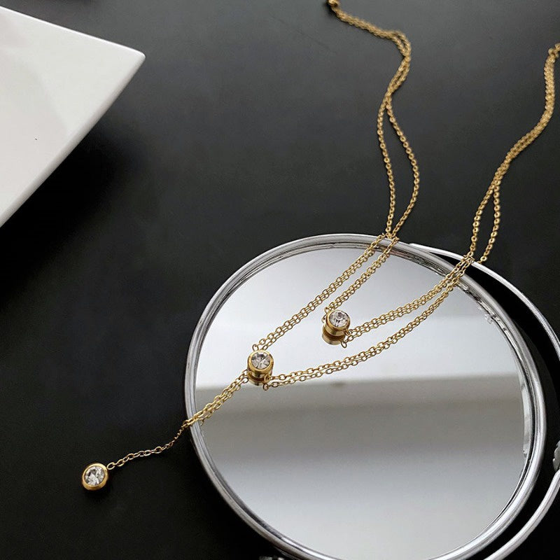 Kalung Emas Double Layer dengan Berlian Tunggal untuk Wanita - Rantai Emas Anti Pudar | Choker Perhiasan Hadiah Elegan - 我的商店