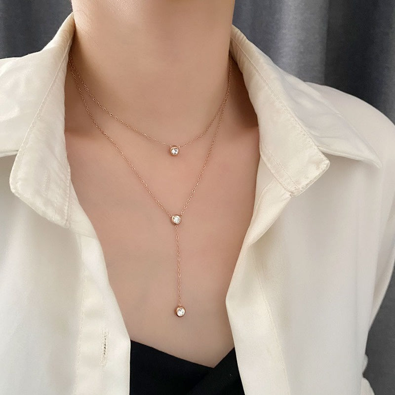 Kalung Emas Double Layer dengan Berlian Tunggal untuk Wanita - Rantai Emas Anti Pudar | Choker Perhiasan Hadiah Elegan - 我的商店