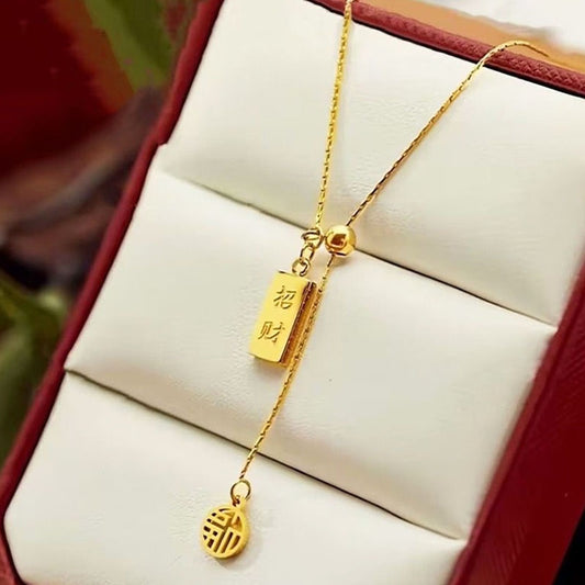 Grosir Kalung Wanita Stainless Steel Berliontin Emas Fu - Simbol Keberuntungan, Trendi & Tidak Kusam! - 我的商店
