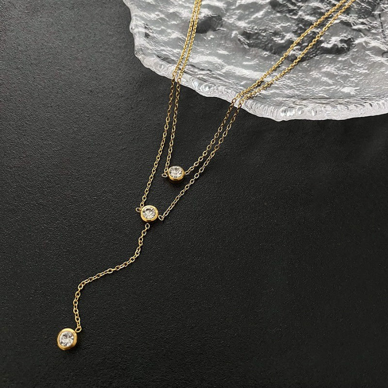 Kalung Emas Double Layer dengan Berlian Tunggal untuk Wanita - Rantai Emas Anti Pudar | Choker Perhiasan Hadiah Elegan - 我的商店