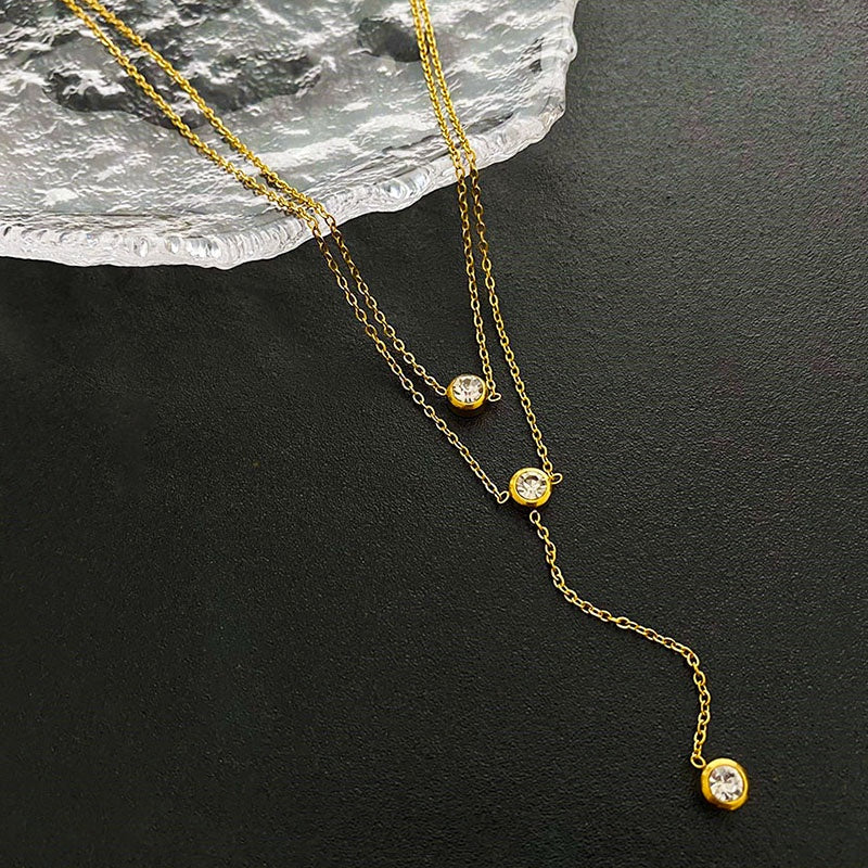 Kalung Emas Double Layer dengan Berlian Tunggal untuk Wanita - Rantai Emas Anti Pudar | Choker Perhiasan Hadiah Elegan - 我的商店