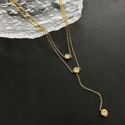 Kalung Emas Double Layer dengan Berlian Tunggal untuk Wanita - Rantai Emas Anti Pudar | Choker Perhiasan Hadiah Elegan - 我的商店