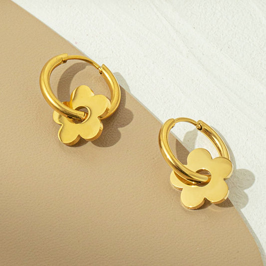 Anting Huggie Bunga Emas  – Stainless Steel Zirconia Kubik, Anting Stud Piercing Tulang Rawan - 我的商店