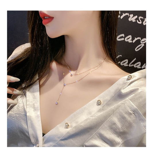 Kalung Emas Double Layer dengan Berlian Tunggal untuk Wanita - Rantai Emas Anti Pudar | Choker Perhiasan Hadiah Elegan - 我的商店