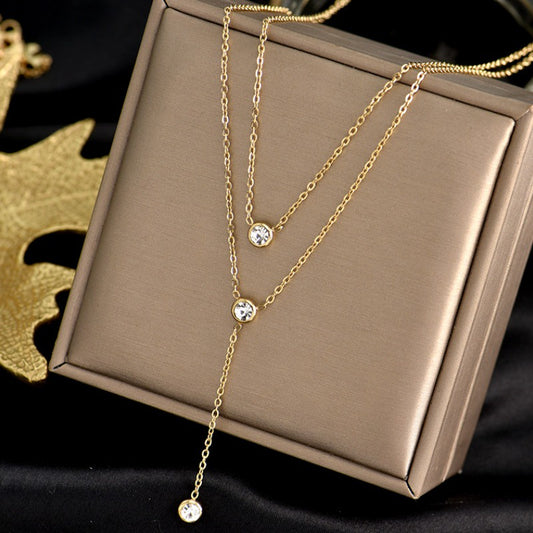 Kalung Emas Double Layer dengan Berlian Tunggal untuk Wanita - Rantai Emas Anti Pudar | Choker Perhiasan Hadiah Elegan - 我的商店