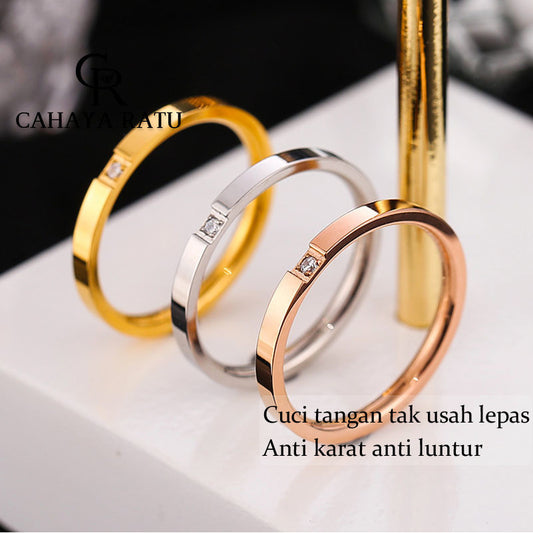 Cincin Titanium Wanita Anti Karat Asli Solitaire Berlian Emas 18K Mewah Aesthetic Korea Aksesoris Ring