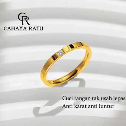 Cincin Couple Titanium Wanita Permata Satu Berlian Emas 18K Anti Karat Aesthetic Korea Aksesoris Ring