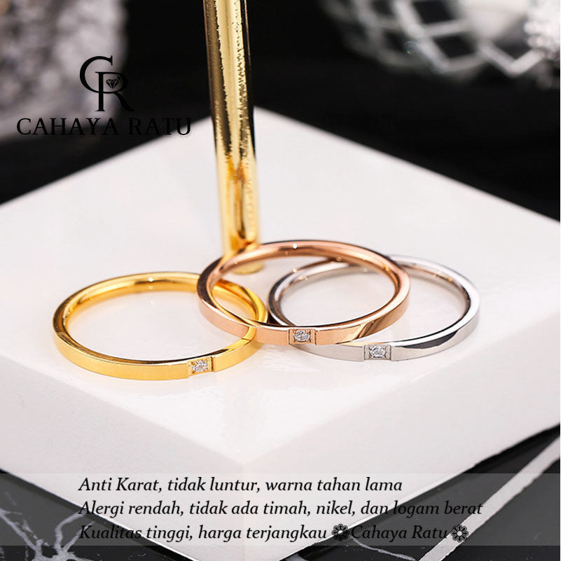 Cincin Titanium Wanita Anti Karat Asli Solitaire Berlian Emas 18K Mewah Aesthetic Korea Aksesoris Ring