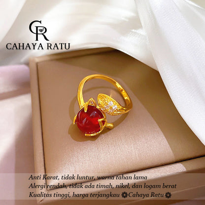 Cincin Titanium Wanita Emas 18K Rubah Kristal Merah Keberuntungan Anti Karat Aksesoris Adjustable Ring