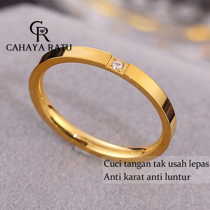 Cincin Titanium Wanita Anti Karat Asli Solitaire Berlian Emas 18K Mewah Aesthetic Korea Aksesoris Ring