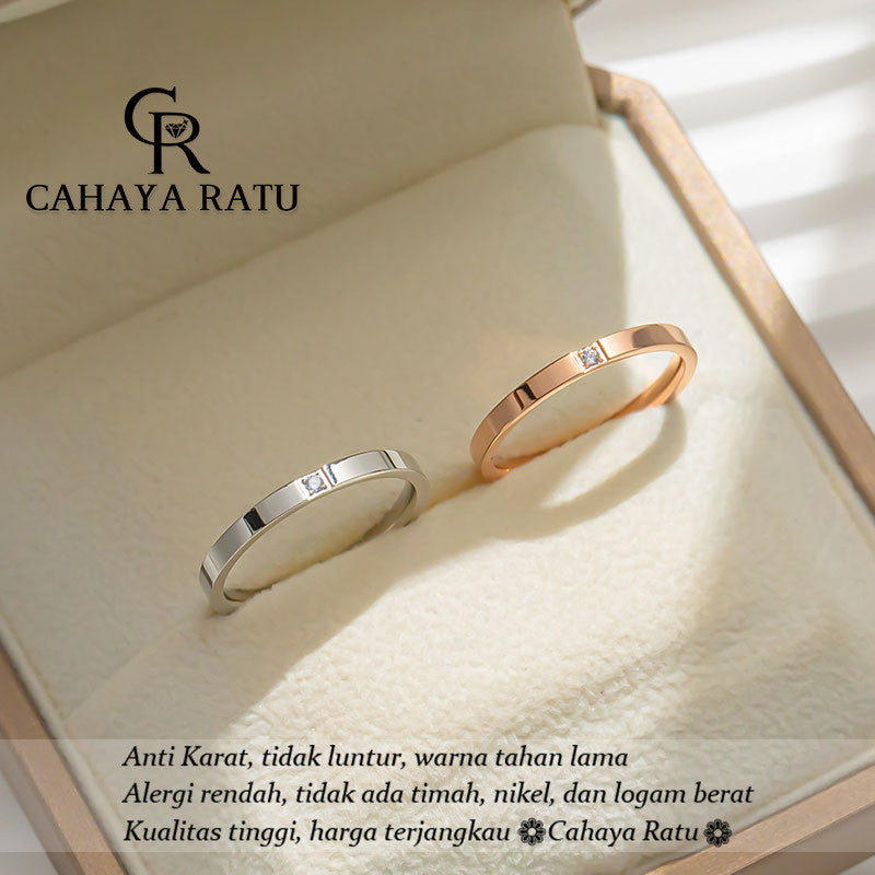 Cincin Couple Titanium Wanita Permata Satu Berlian Emas 18K Anti Karat Aesthetic Korea Aksesoris Ring