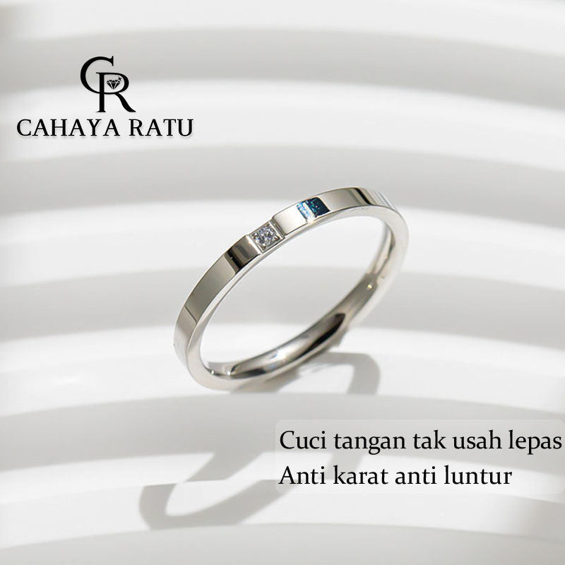 Cincin Couple Titanium Wanita Permata Satu Berlian Emas 18K Anti Karat Aesthetic Korea Aksesoris Ring