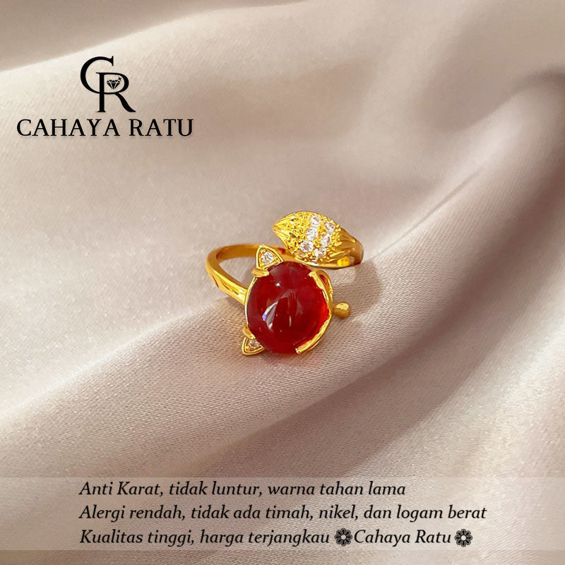 Cincin Titanium Wanita Emas 18K Rubah Kristal Merah Keberuntungan Anti Karat Aksesoris Adjustable Ring