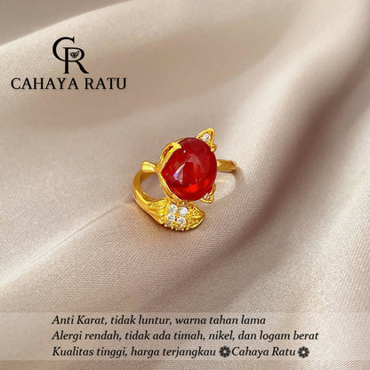 Cincin Titanium Wanita Emas 18K Rubah Kristal Merah Keberuntungan Anti Karat Aksesoris Adjustable Ring