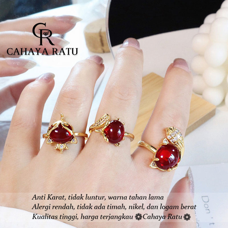 Cincin Titanium Wanita Emas 18K Rubah Kristal Merah Keberuntungan Anti Karat Aksesoris Adjustable Ring