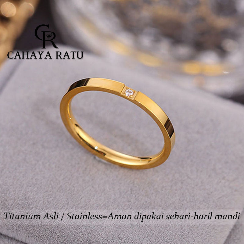 Cincin Titanium Wanita Anti Karat Asli Solitaire Berlian Emas 18K Mewah Aesthetic Korea Aksesoris Ring